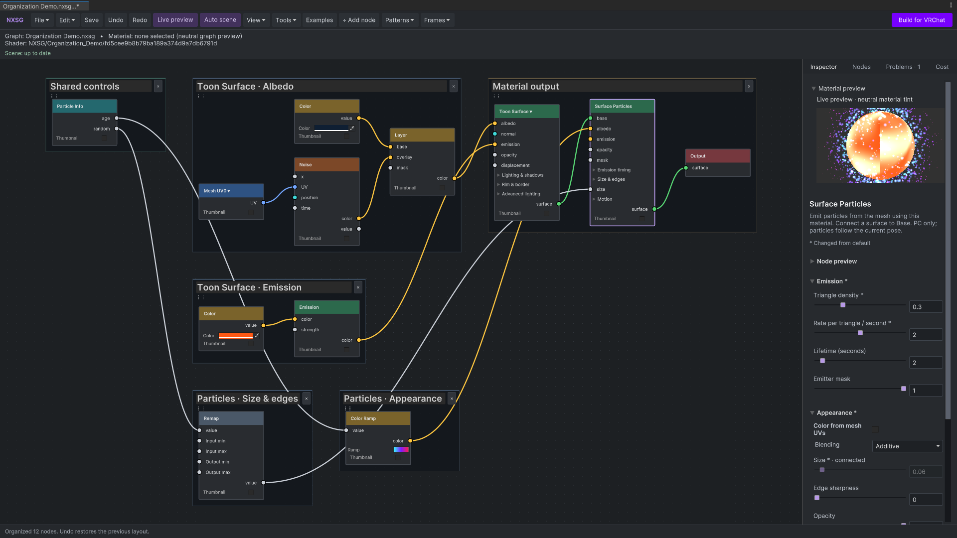 Automatic branch labels, particle controls and a live material preview in Unity.