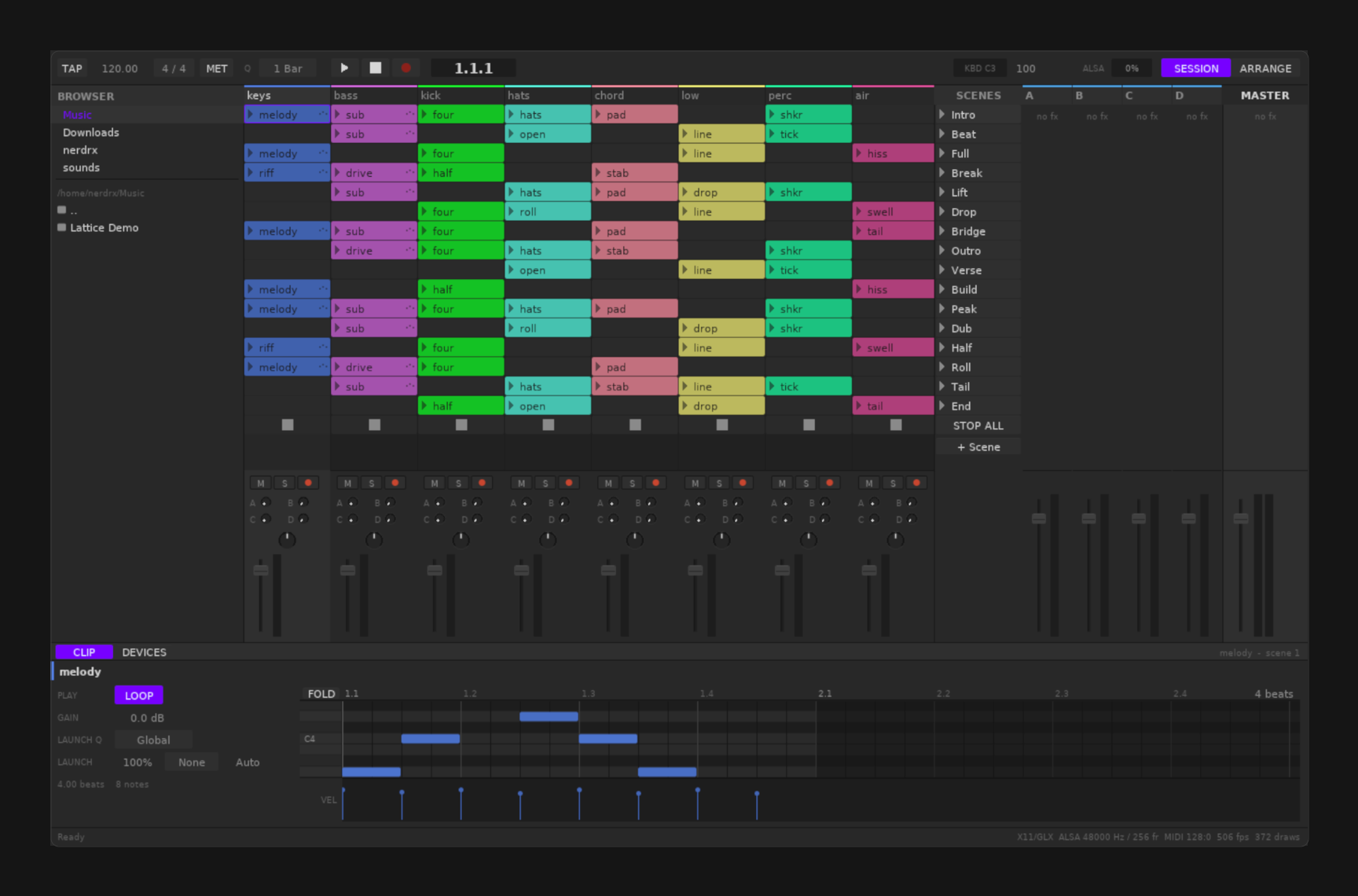 NxTakt session view with clips, mixer, scenes, and piano roll